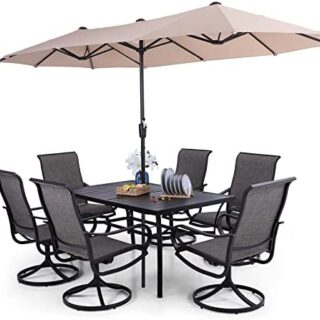 PHI VILLA 8 Piece Patio Dining Set with 13ft Patio Umbrella (Beige), 6 Outdoor Swivel Dining Chairs with Round Base & 1 Large Metal Dining Table with 1.9\" Umbrella Hole, for Lawn Garden Backyard