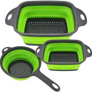 3 Pcs Collapsible Colanders Set, Silicone Colanders & Food Strainers, Foldable Filter Drain Baskets, Kitchen Strainer Washingup Bowl for Draining Pasta Fruit Vegetable Colanders Drain Baskets, Green