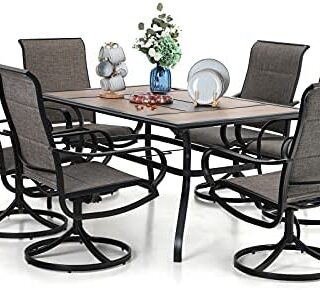 PHI VILLA 7 PCS Patio Dining Set, 6 Swivel Dining Chairs Padded Textilene Fabric and 60\"x38\" Rectangle Dining Table with Umbrella Hole(1.57\"), Outdoor Dining Set for Patio Lawn & Garden Backyard