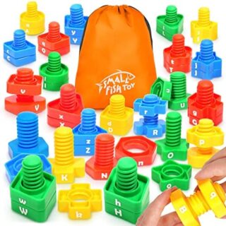 Letters Learning Matching Game Fine Motor Skills Toy for Toddlers, 26 Alphabet Learning Toys, 52 Pcs Nuts and Bolts Stacking Toys, ABC Letters Preschool Educational Montessori Toys for Kids