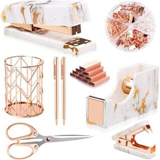 Rose Gold Marble Desk Accessories, Office Supplies Set Stapler Set Staple Remover, Tape Holder, Pen Holder, 2 Ballpoint Pen, Scissor, Binder Clips, Paper Clips and 1000pcs Staples